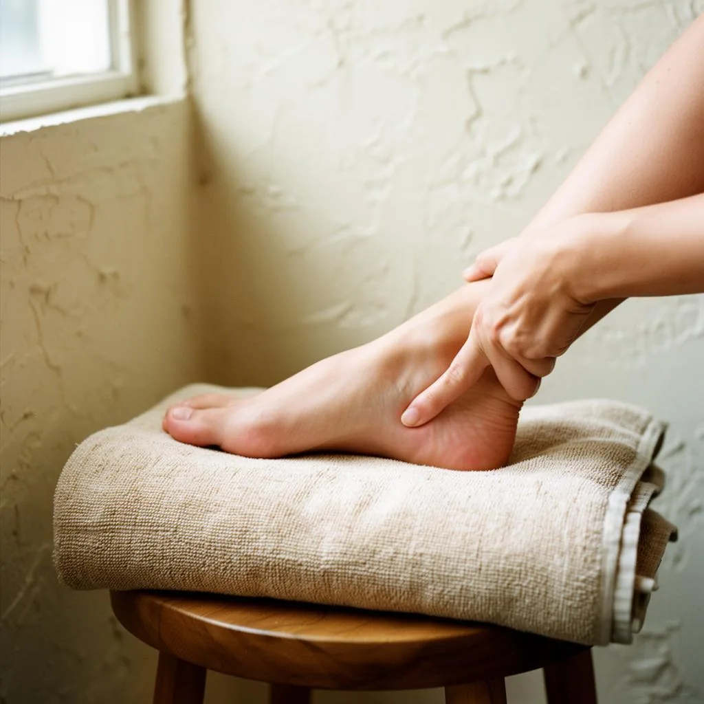 a foot resting on a rolled linen towel over a wooden stool while a therapist works the heel