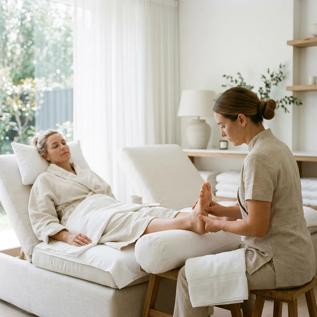 Client reclining while a seated therapist works the sole of her foot with both hands