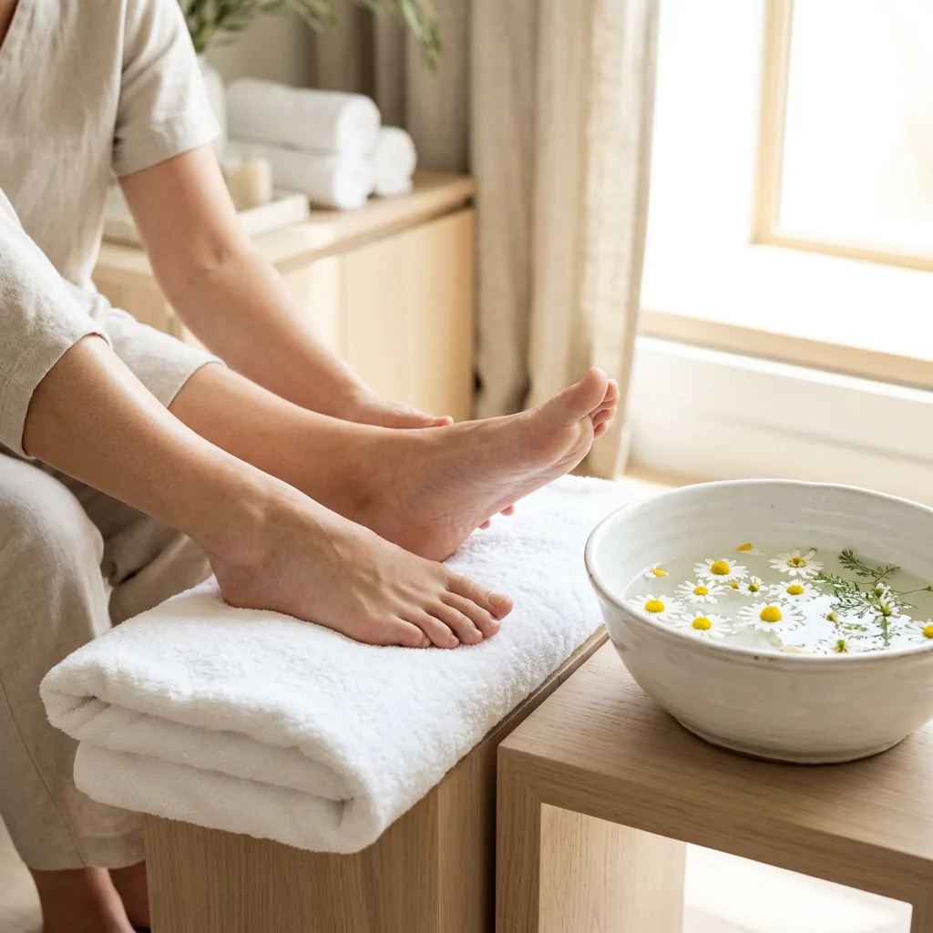 Bare feet resting on a stack of folded white towels beside a bowl of chamomile-infused water after a reflexology session
