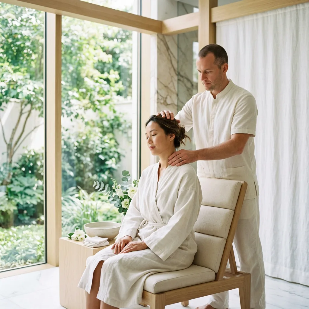 client seated in a robe while a therapist works her shoulders, tall windows opening onto a green garden